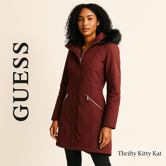 Guess Faux Fur Hood Softshell Parka Jacket Pockets Burgundy Wine XXL Gorpcore - Picture 1 of 15